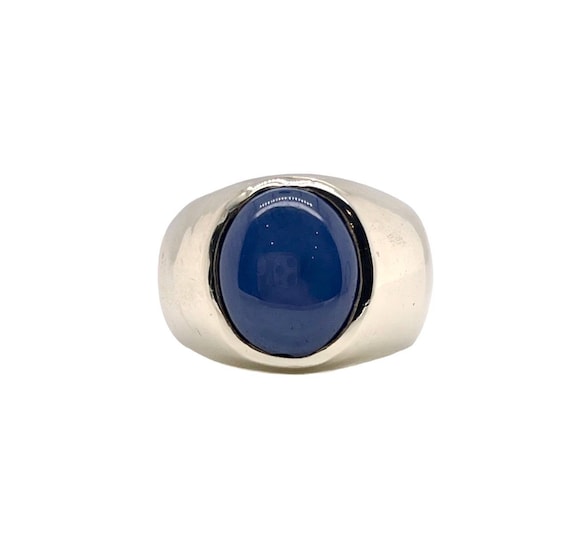 14K Solid White Gold Mens Star Sapphire Pinky Ring 12… - Gem