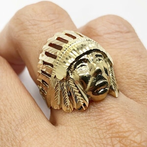 Mens Ring 10K Solid Yellow Gold Diamond Cut Indian Chief Head Ring 6 Grams