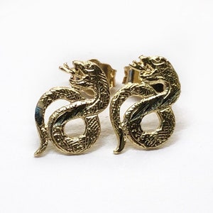 14k Solid Yellow Gold Snake Stud Earrings Push Back 12 MM