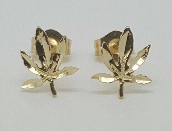 14k Solid Yellow Gold Marijuana Leaf Weed Stud Earrings Push Back 8MM