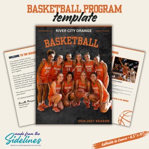 Puede incluir: Una plantilla de programa de baloncesto con un grupo de jugadores con uniformes naranjas en la portada, con el texto River City Orange Basketball 2026-2027 Season, junto a páginas interiores con texto y fotos, que mide 21,59 cm por 27,94 cm.