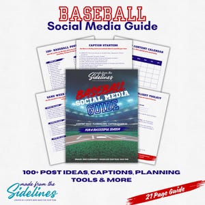 Op de afbeelding: Een Baseball Social Media Guide bestaande uit een digitale bron van 21 pagina's met een stadionafbeelding op de cover. De gids bevat inhoudskalenders, caption starters en berichtideeën voor honkbalteams in een overzichtelijk formaat.