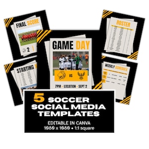 Könnte beinhalten: Ein Set aus fünf digitalen Social-Media-Vorlagen für Fußball mit schwarzen und gelben Akzenten. Die Designs enthalten Platzhalter für Spieltag, Kader, Aufstellung, Endergebnis und Wochenplan, mit dem Text 5 SOCCER SOCIAL MEDIA TEMPLATES.