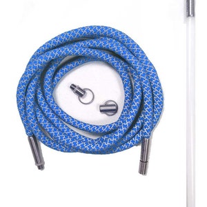 May include: A blue and silver braided cord with two metal clasps and a silver metal rod.