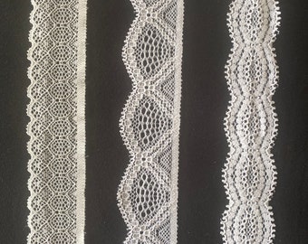 Stretch Lace Trims , various patterns , widths in white, 5 yard cut