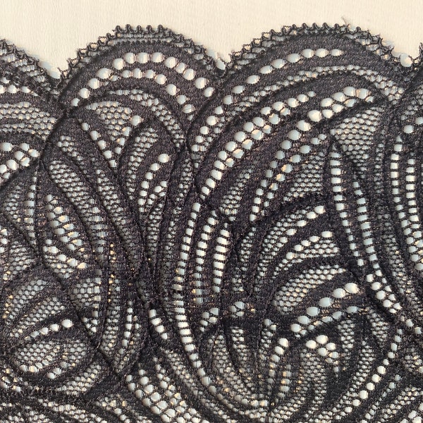 Stretch Band Lace 7" wide Galloon Black, soft lingerie finish, cut to order