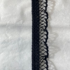 May include: Black elastic trim with a delicate lace edging. The lace is a fine mesh with a scalloped edge.
