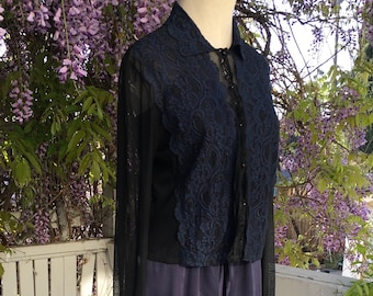 Navy Silk Camisole, Palazzo pant and Cardigan Set with Leaver's Lace in P/S (pant is OS) #354