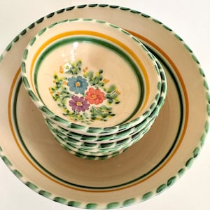 Floral hand painted European serving bowl, 6 smaller bowls
