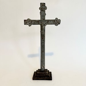 Vintage Wood and Metal standing Crucifix from France