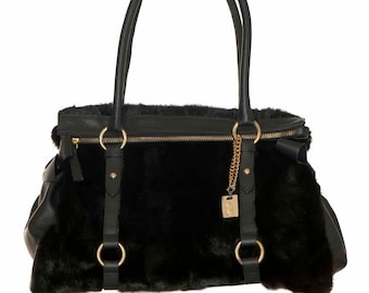 Black FUR and LEATHER BAG . handmade xl bag made By black mink fur and  black  calf leather. Free shipping