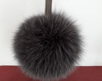 Fluffy Anthracite  FUR POMPOM  Keyring with genuine leather strap, Real fox  fur in dark grey color, lobster clasp.