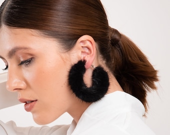 STATEMENT Hoop Earrings with  black  mink FUR. Wrap Mink HOOPS.