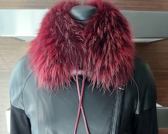 BURGUNDY FUR collar with POMPOMS. Burgundy raccoon fur collar.