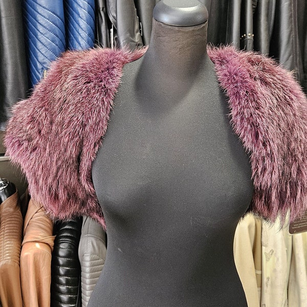 Real FUR BOLERO, Raccoon  stole with sleeves, fur cropped jacket in plum colour