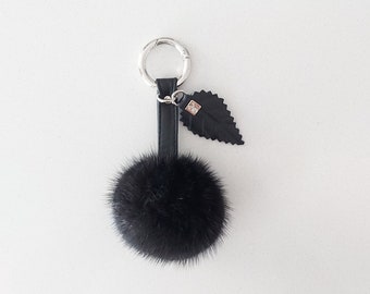 BLACK MINK fur POMPOM  Bag Charm,  8cm fluffy fur ball  Keyring with  Real nappa lamb  leather strap and Leaf  .