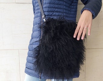 MONGOLIAN and nappa  LEATHER  CROSSBODY bag, black leather bag  with zipper and removable strap.