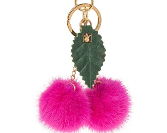 Fuchsia  Mink Bag Charm Keychain  pompom with long chain and Real leather Leaf.