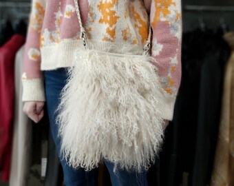 CREME-Beige Mongolian crossbody bag, FREE SHIPPING  leather bag, braided  leather suede strap, Magnetic closure.