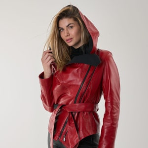 NAMI Bright red leather jacket with hood and belt. Nappa lamb leather jacket can be Customized in any size. 2 zip closures easy to fit. image 2