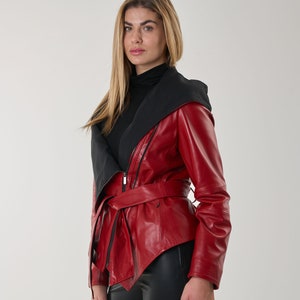 NAMI Bright red leather jacket with hood and belt. Nappa lamb leather jacket can be Customized in any size. 2 zip closures easy to fit. image 1