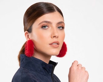 Hoop Earrings with  RED  mink fur. FUR  statement earrings