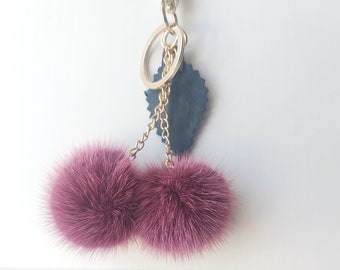 Ruddy PINK FUR POMPOM  Keyring   with  chain and Real leather Leaf.  Mink Bag Charm in ruddy pink to Plum hues pompom