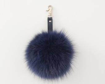 Real Navy  Fox Fur Keychain Keyring pompom with genuine leather strap, silver or gold tone hardware.