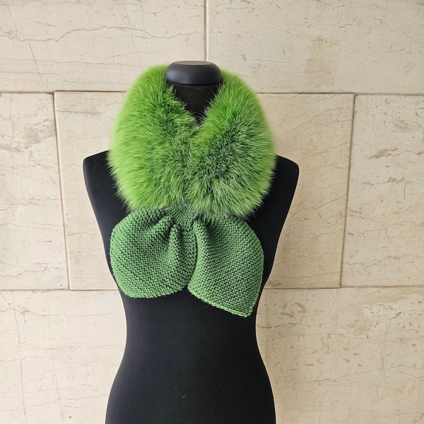 LIME Green FUR COLLAR with handknit bow, handmade real fur collar and knit in bright green colour