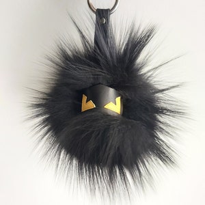 Monster Face Black Raccoon Fur Keychain Keyring Pompom With Genuine ...