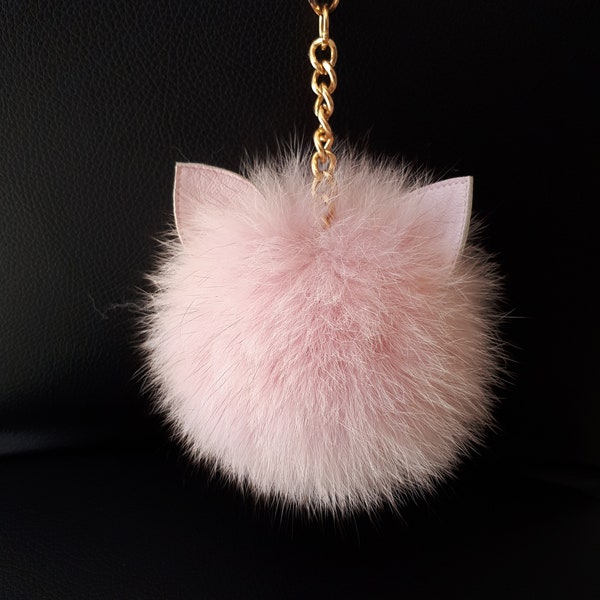 Cat  pompom keyring. Pale pink fox pom pom with leather cat ears.