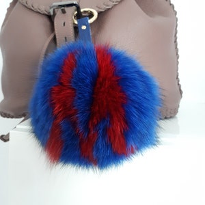 Personalized letter fur bag charm. Navy with red letter, Real fur, round ring-clasp. image 1