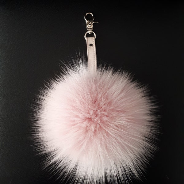 PINK FOX FUR pompom  keychain with genuine leather strap. Real fluffy fur pompom keyring.