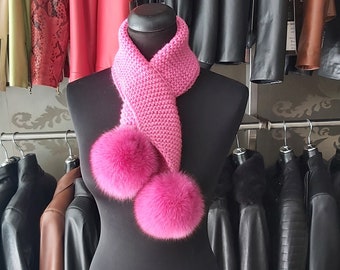 HAND Knit HOT PINK  scarf with fur pompoms.  Super soft Handmade knitting with  fox  fur pompoms