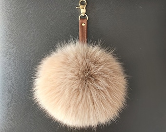 Peru Fox Fur Keychain Keyring pompom with genuine leather strap. camel FLUFFY FUR POMPOM keychain.
