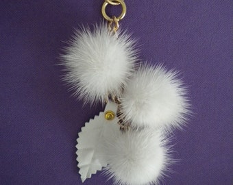 White  FUR POMPOM Keychain,  mink Keyring or bag charm with chain and Real leather Leaf