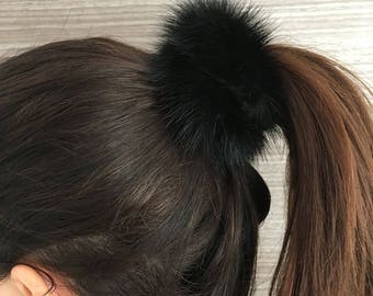 Black mink  scrunchie, ponytail holder, fur wrap scrunchie, Elastic fur ponytail holder.