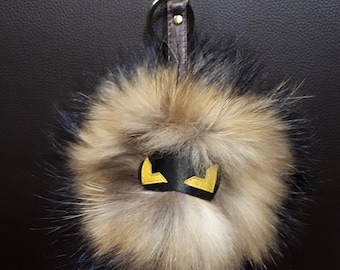 Monster  face  Raccoon FUR Keychain. REAL  fur pompom keyring  with genuine leather mask and  strap.
