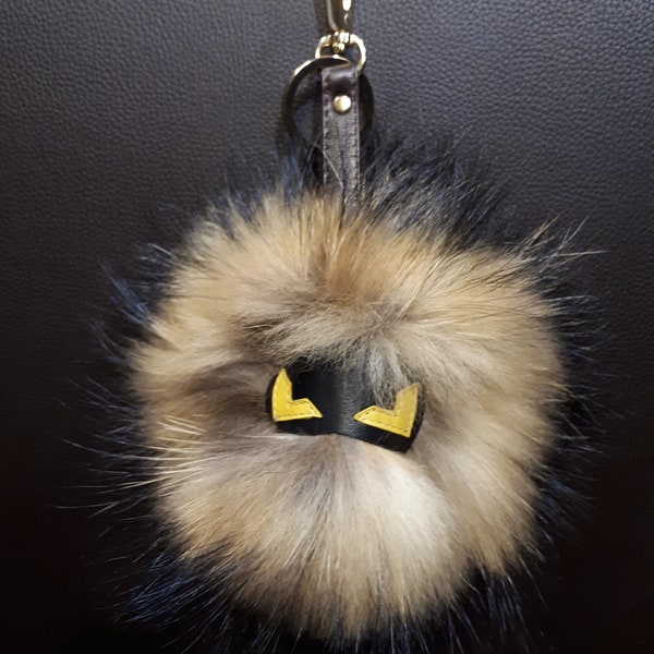 Monster  face  Raccoon FUR Keychain. REAL  fur pompom keyring  with genuine leather mask and  strap.