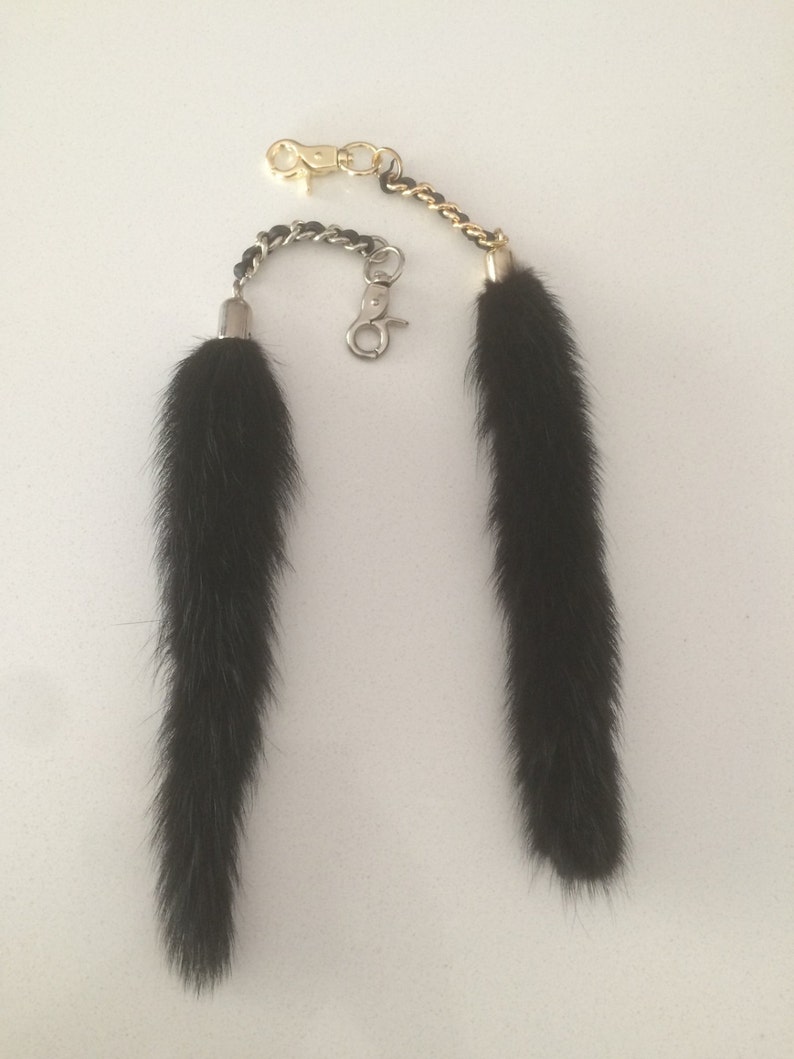 Fur lanyard. Bag charm with chain and Real leather Black Mink tail key ring