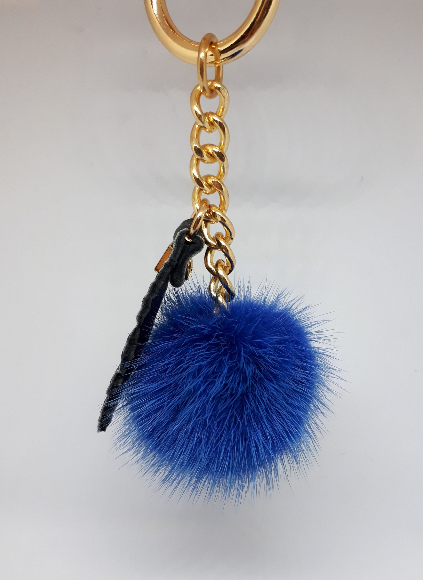 1 MINK POMPOM Bag Charm Keychain With Chain and Real Leather