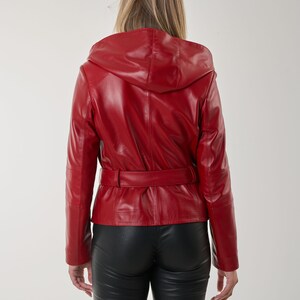 NAMI Bright red leather jacket with hood and belt. Nappa lamb leather jacket can be Customized in any size. 2 zip closures easy to fit. image 6