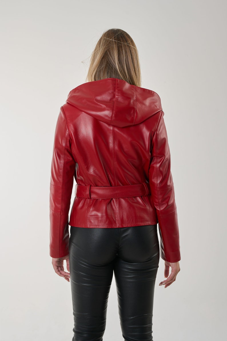 NAMI Bright red leather jacket with hood and belt. Nappa lamb leather jacket can be Customized in any size. 2 zip closures easy to fit. image 6