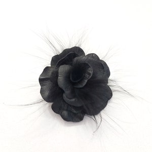 HANDMADE Black leather and fur FLOWER PIN. Flower brooch.