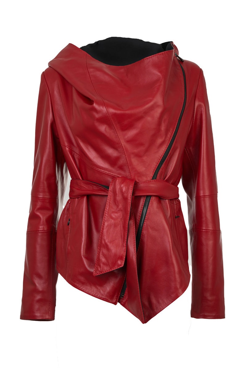 NAMI Bright red leather jacket with hood and belt. Nappa lamb leather jacket can be Customized in any size. 2 zip closures easy to fit. image 7