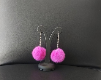 Long chain  Earrings with Fuchsia fur pompom.   Nikel free Threader  earrings with Bright rose mink pompom.