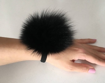 Black   Fox scrunchie, ponytail holder, hair elastic, furry ball. Fur hair tie.