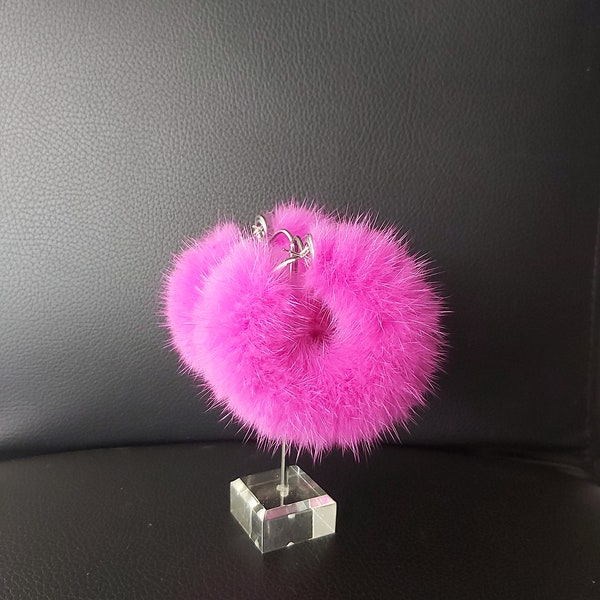 HOT PINK  FUR Hoop Earrings .Alloy Brass hoops with mink fur.