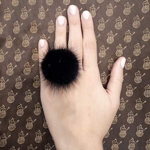 Black furry ring,  Mink pompom ring,  Mink  finger ring with genuine leather.Real fur ring