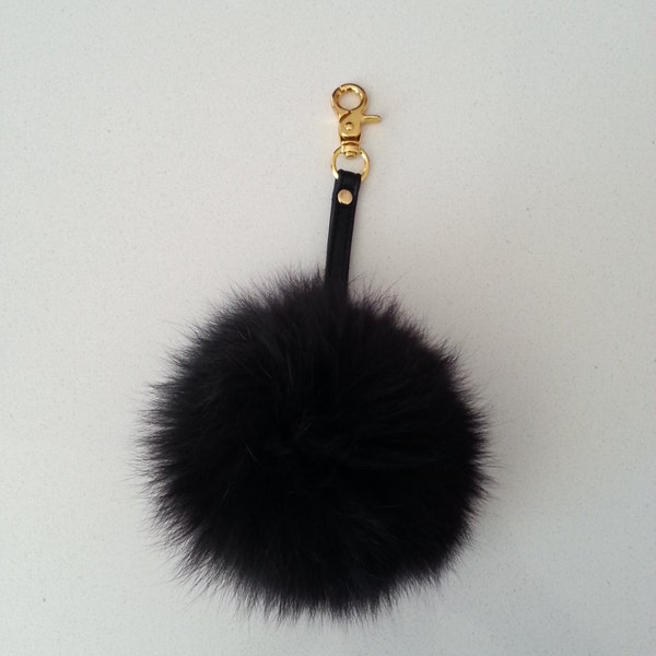 Real Black Fox Fur Keychain Keyring pompom with genuine leather strap